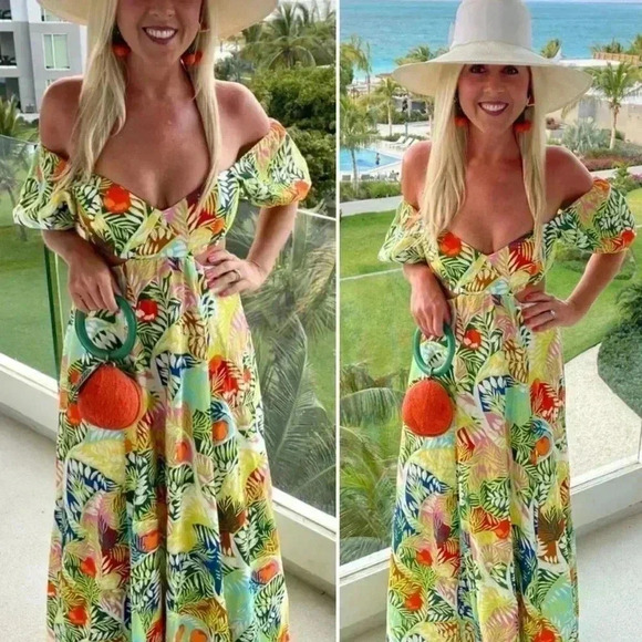 STAUD Coliseum Off-The-Shoulder Linen Tropical Print Dress Size 8 - Picture 2 of 16